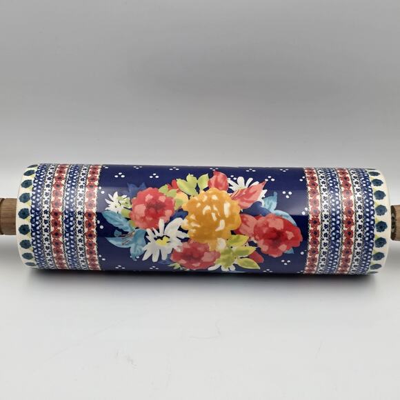 Pioneer Woman Fiona Floral Rolling Pin Stoneware Wood Handles HTF - Picture 2 of 5
